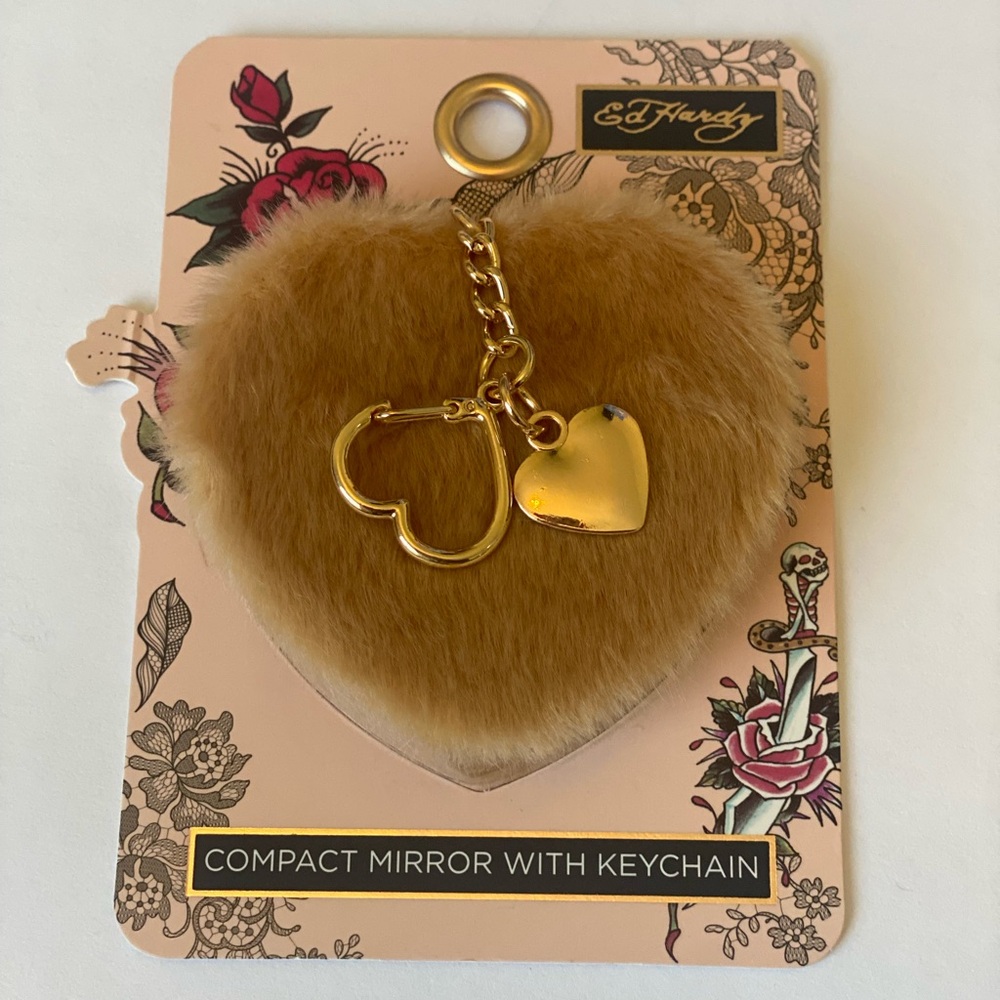 Ed Hardy Faux Fur Compact Mirror With Keychain and Heart Charm - New In Package